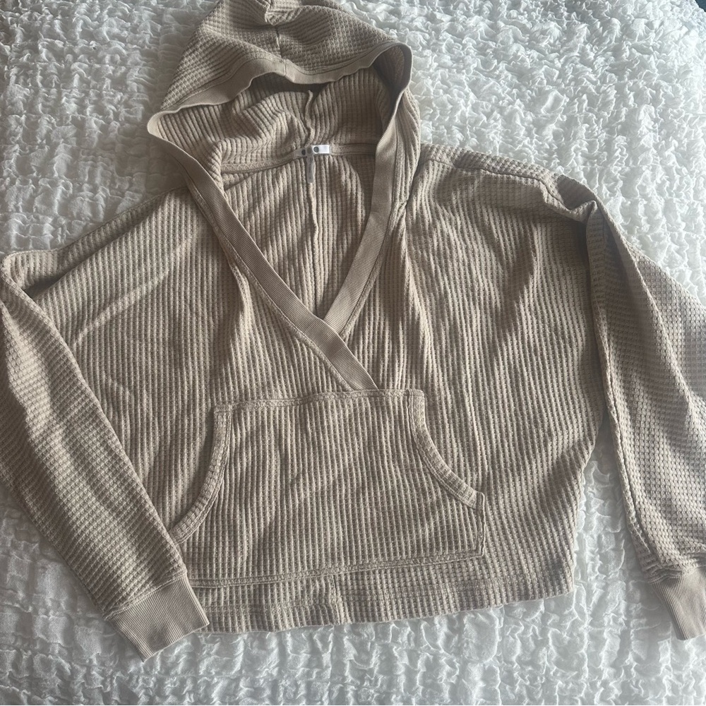 Three Dots Waffle Knit Thermal Hoodie Oat Beige Pullover Medium - Picture 2 of 8